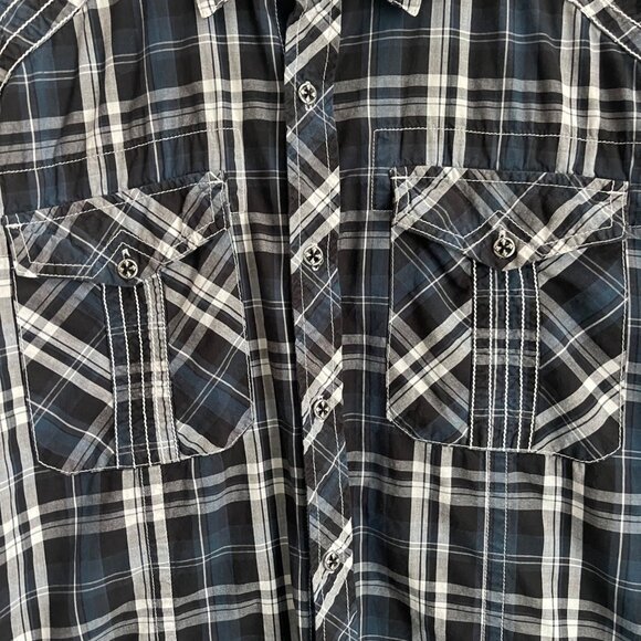 Affliction Mens Y2K Grunge Plaid Button Up Shirt Size XL Embroidered Graphic Alt - Picture 5 of 13